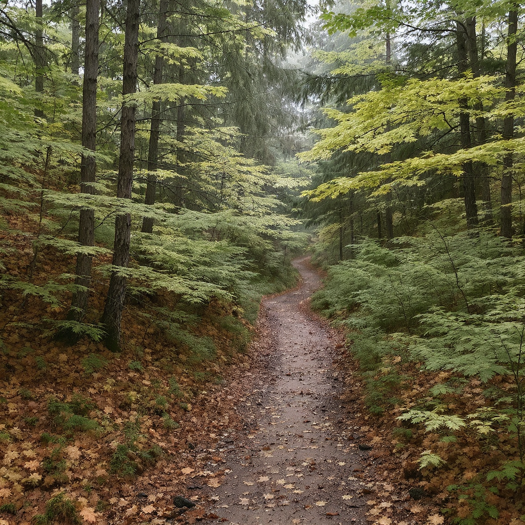 Zwei Wege Gabelung im Wald im Nebel als Symbol für Entscheidungen und den Weg der Achtsamkeit